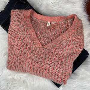 Anthro Moth Tan Melon Boxy Zip Vneck Sweater